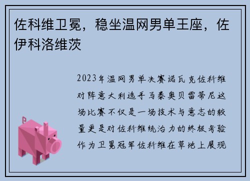 佐科维卫冕，稳坐温网男单王座，佐伊科洛维茨