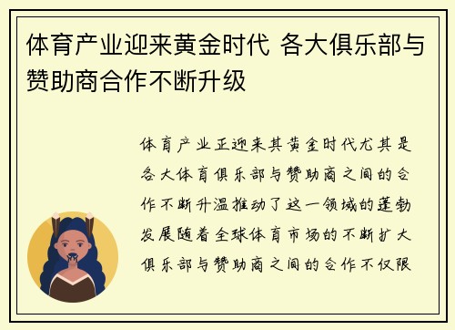 体育产业迎来黄金时代 各大俱乐部与赞助商合作不断升级