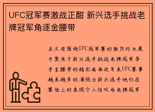 UFC冠军赛激战正酣 新兴选手挑战老牌冠军角逐金腰带