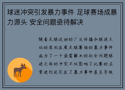球迷冲突引发暴力事件 足球赛场成暴力源头 安全问题亟待解决